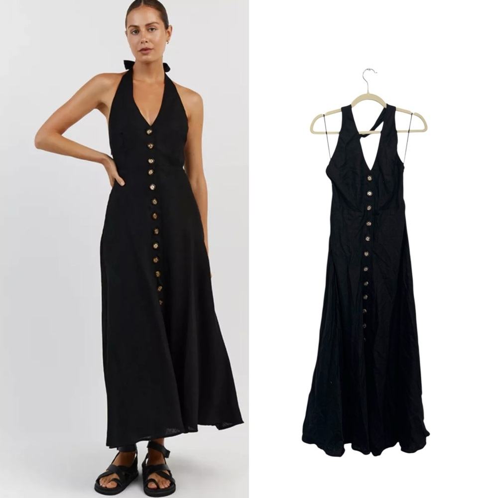 DISSH Black Halter Midi Dress with Front Buttons